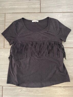 orange creek Black Short Sleeve Tee with Fringe